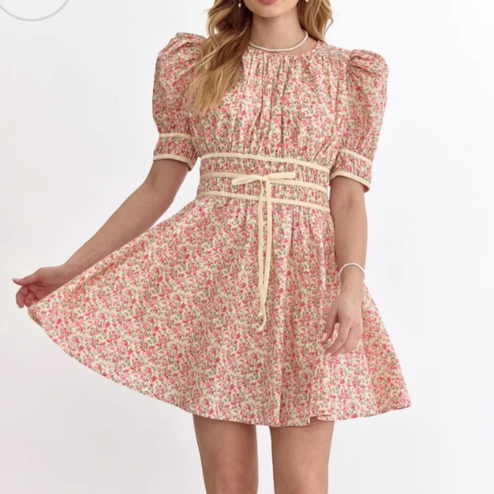 entro Pink Floral Mini Dress with Cream Trim